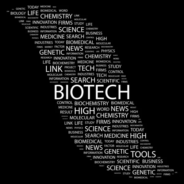 Biotech. slovo koláž na černém pozadí — Stockový vektor