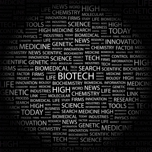 Biotech. Word kollázs-fekete háttér — Stock Vector