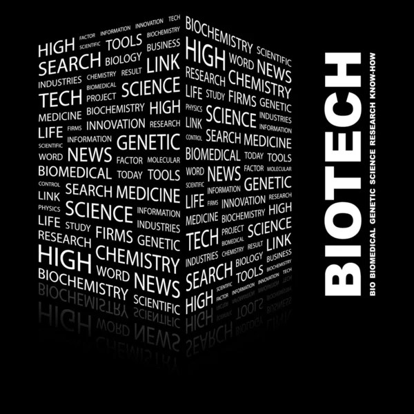 Biotechnologii. słowo kolaż na czarnym tle — Wektor stockowy