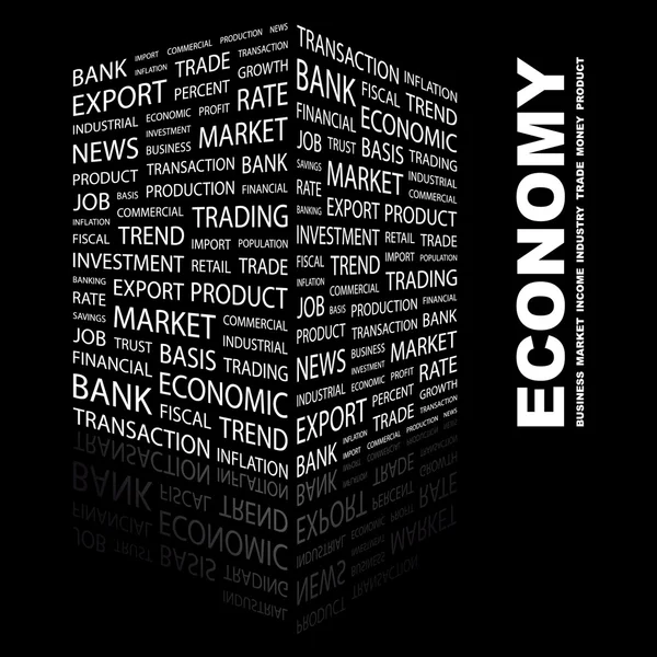 経済。黒の背景に単語のコラージュ — ストックベクタ