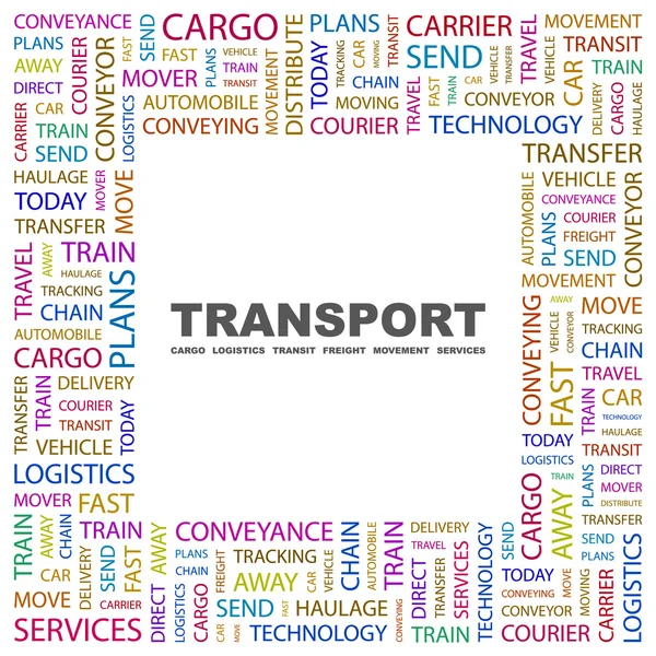 Trasporti. Trasporti. Collage di parole su sfondo bianco — Vettoriale Stock