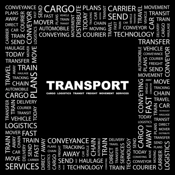 TRANSPORT. Word collage on black background — Stock Vector