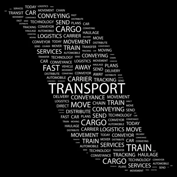 Trasporti. Trasporti. Collage di parole su sfondo nero — Vettoriale Stock