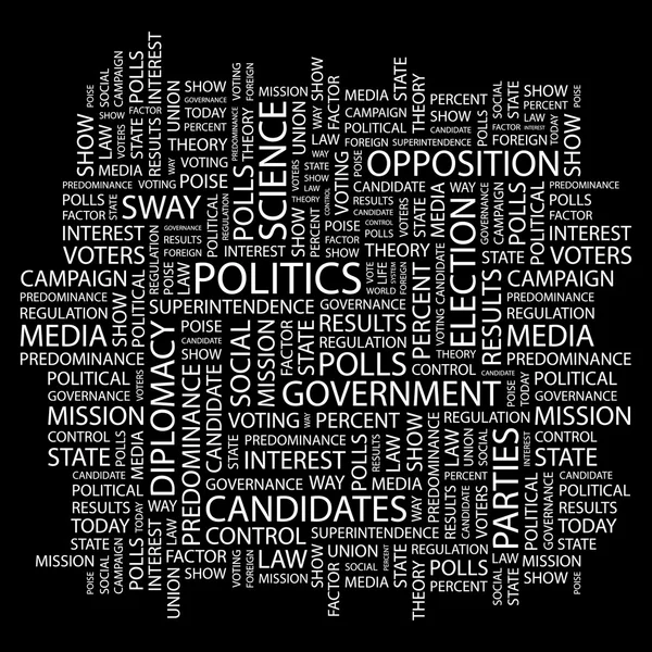POLITICA. Collage di parole su sfondo nero — Vettoriale Stock
