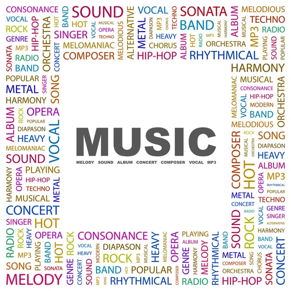 MUSICA. collage palabra sobre fondo blanco — Vector de stock