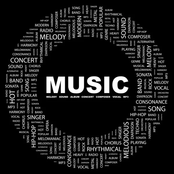 MUSIC. Word collage on black background — Stock Vector