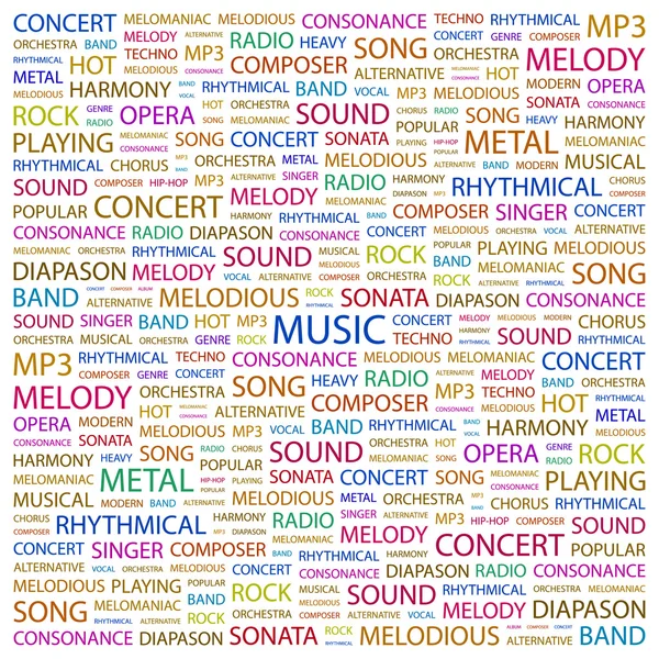 MUSICA. Collage di parole su sfondo bianco — Vettoriale Stock