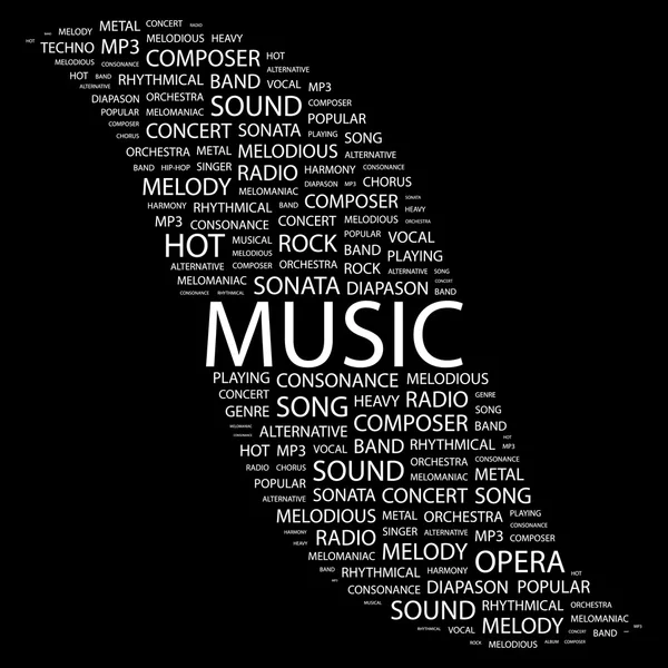 MUSICA. Collage di parole su sfondo nero — Vettoriale Stock