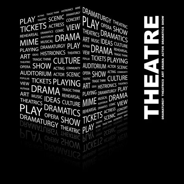 Θέατρο. λέξη κολάζ σε μαύρο φόντο — Διανυσματικό Αρχείο
