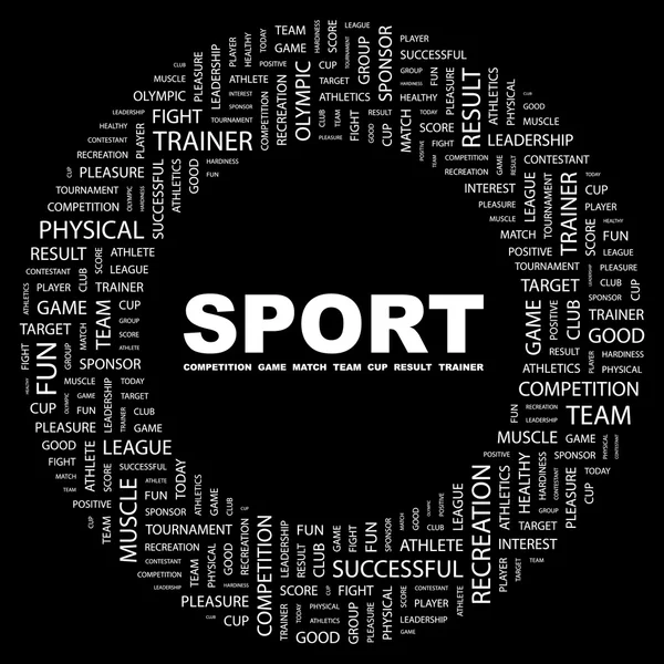 Sport. woord collage op zwarte achtergrond — Stockvector