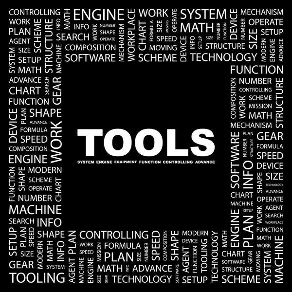 Werkzeuge. Wortcollage auf schwarzem Hintergrund — Stockvektor