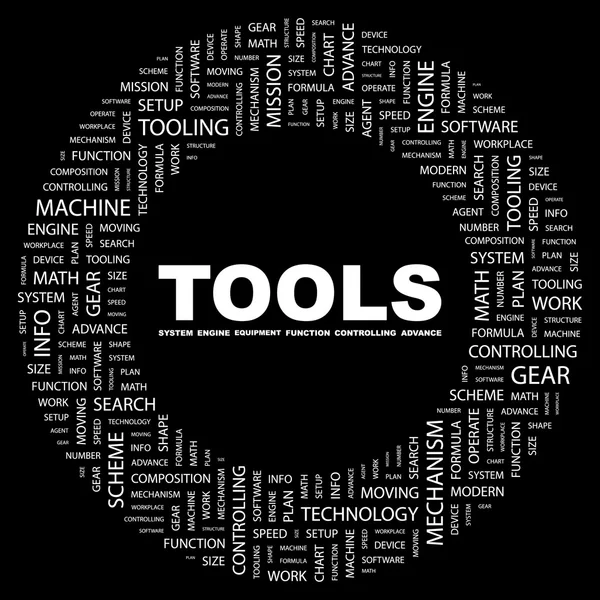 Werkzeuge. Wortcollage auf schwarzem Hintergrund — Stockvektor