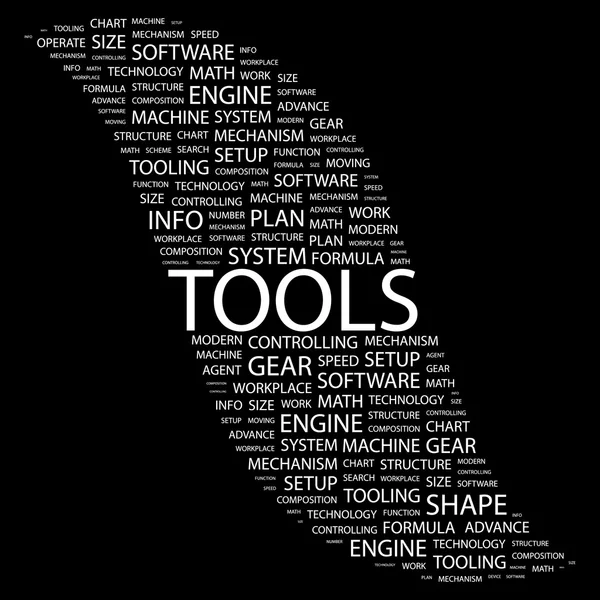 Εργαλεία. λέξη κολάζ σε μαύρο φόντο — Διανυσματικό Αρχείο