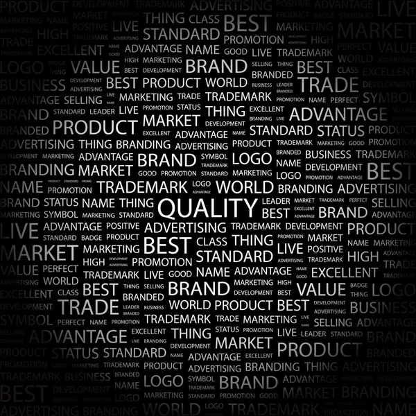 A qualidade. Colagem de palavras no fundo preto — Vetor de Stock