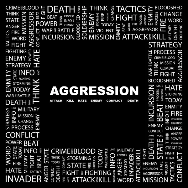 Aggression. Wortcollage auf schwarzem Hintergrund — Stockvektor