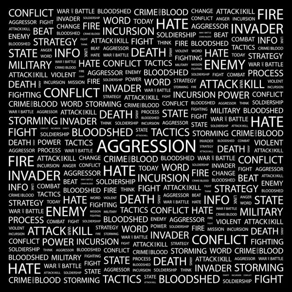 Aggression. Wortcollage auf schwarzem Hintergrund — Stockvektor