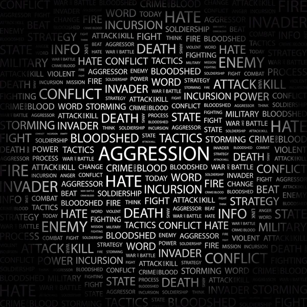 Agresión. collage palabra sobre fondo negro — Vector de stock