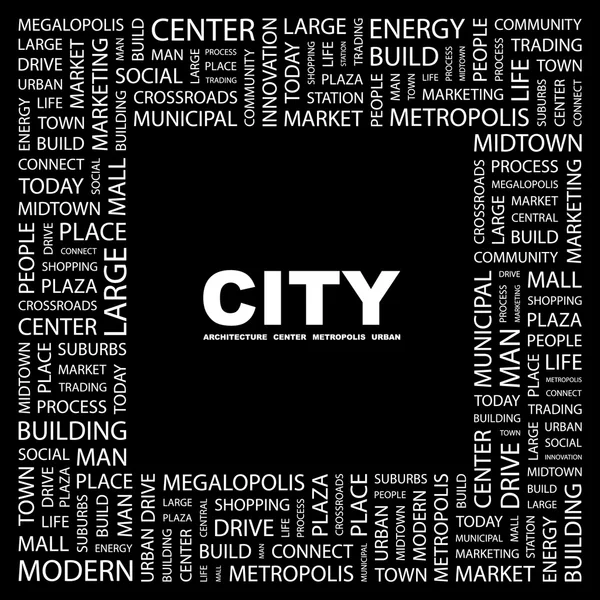 A város. Word kollázs-fekete háttér — Stock Vector