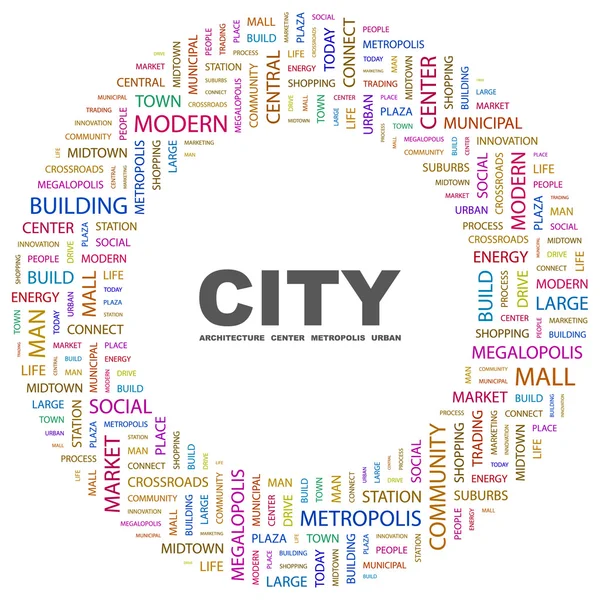 La ville. Collage de mots sur fond blanc — Image vectorielle