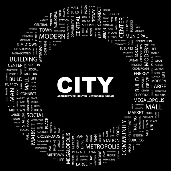 A város. Word kollázs-fekete háttér — Stock Vector