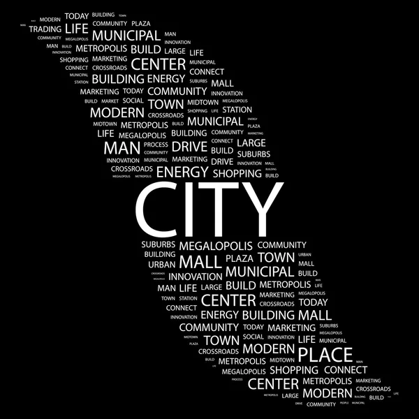 城市。黑色背景上的字拼贴画 — 图库矢量图片