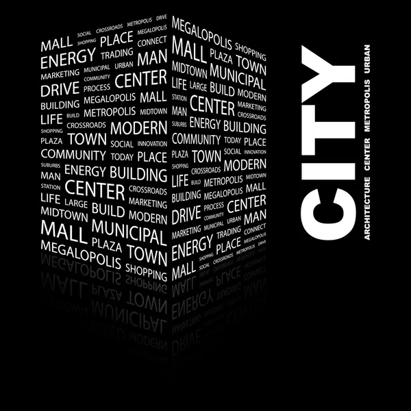 Staden. ordet collage på svart bakgrund — Stock vektor