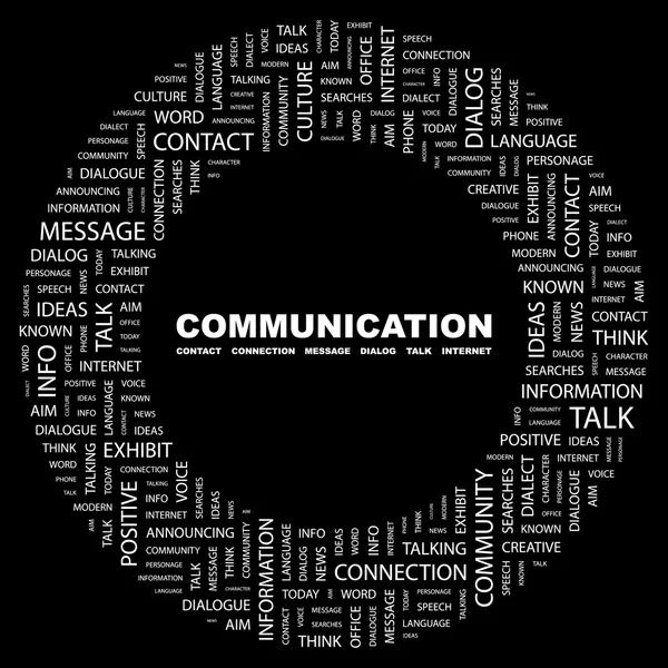 COMUNICACIÓN. collage palabra sobre fondo negro — Vector de stock