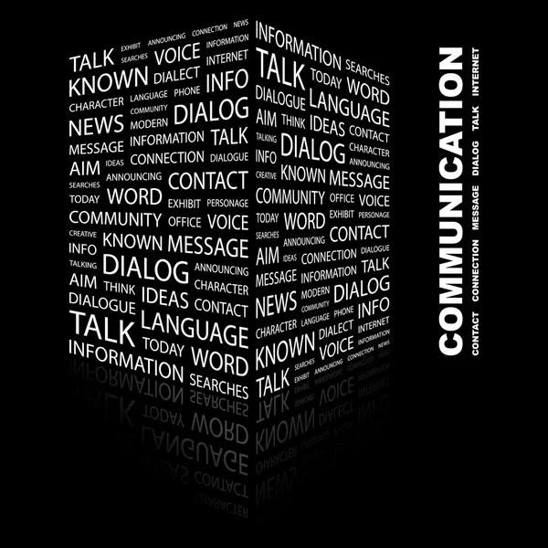 COMUNICAZIONE. Collage di parole su sfondo nero — Vettoriale Stock