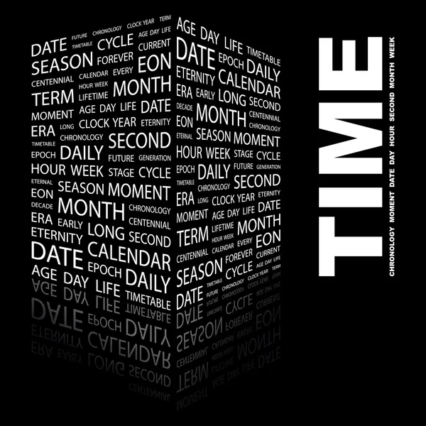 Tiempo. collage palabra sobre fondo negro — Vector de stock