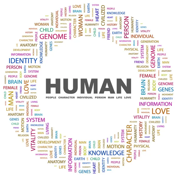 HUMANO. collage palabra sobre fondo blanco — Vector de stock