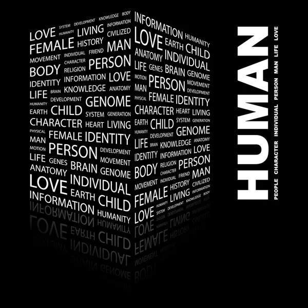Ανθρώπινη. εικόνα με διαφορετική Ένωση όρους人間。黒の背景に単語のコラージュ — ストックベクタ