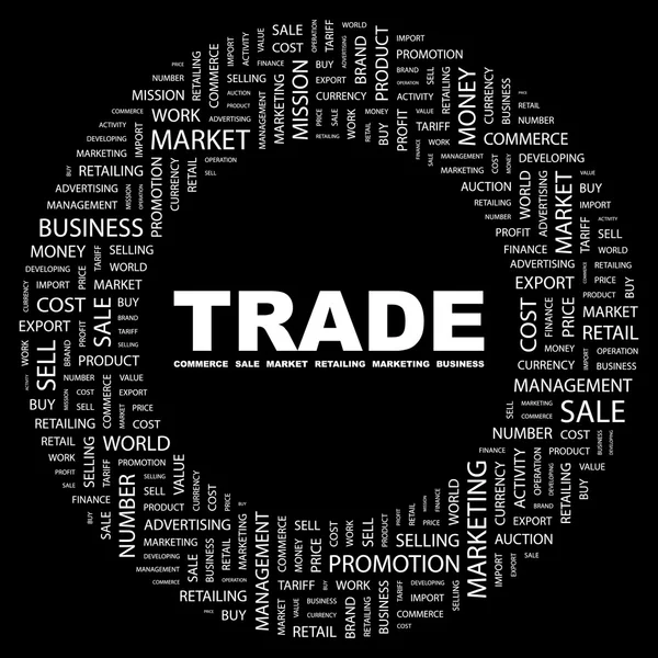 貿易。黒の背景に単語のコラージュ — ストックベクタ