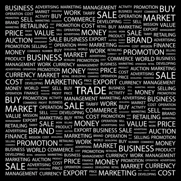 Kereskedelmi. Word kollázs-fekete háttér — Stock Vector