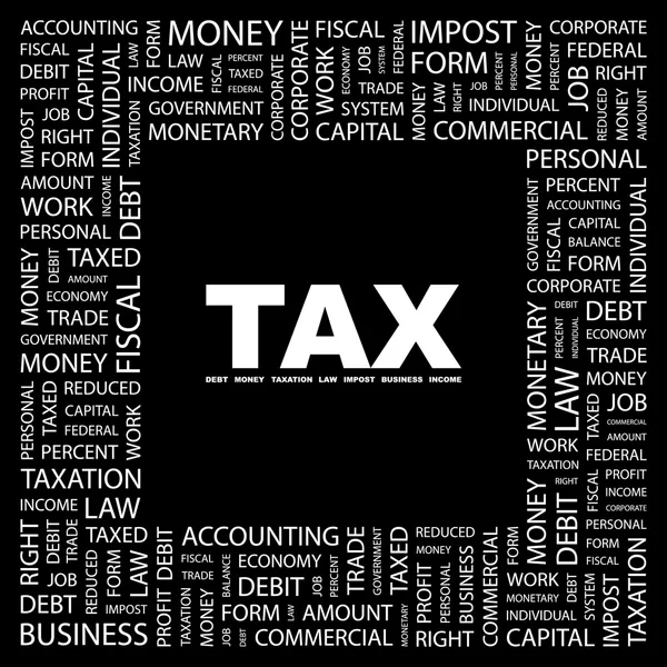 Impuestos. collage palabra sobre fondo negro — Archivo Imágenes Vectoriales