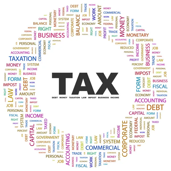 Impuestos. collage palabra sobre fondo blanco — Vector de stock