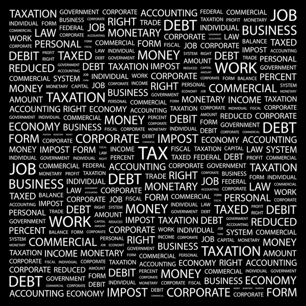 Impuestos. collage palabra sobre fondo negro — Archivo Imágenes Vectoriales