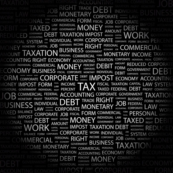 Fiscalité. Collage Word sur fond noir — Image vectorielle