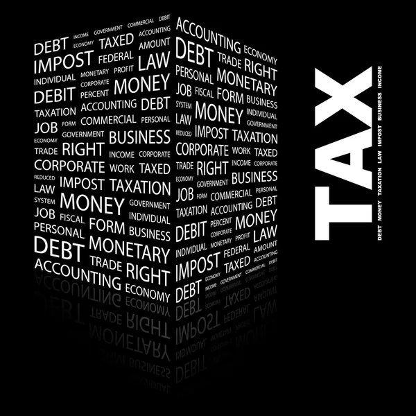 Impuestos. collage palabra sobre fondo negro — Vector de stock
