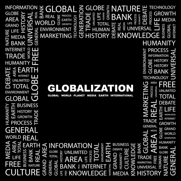 Globalisering. woord collage op zwarte achtergrond — Stockvector