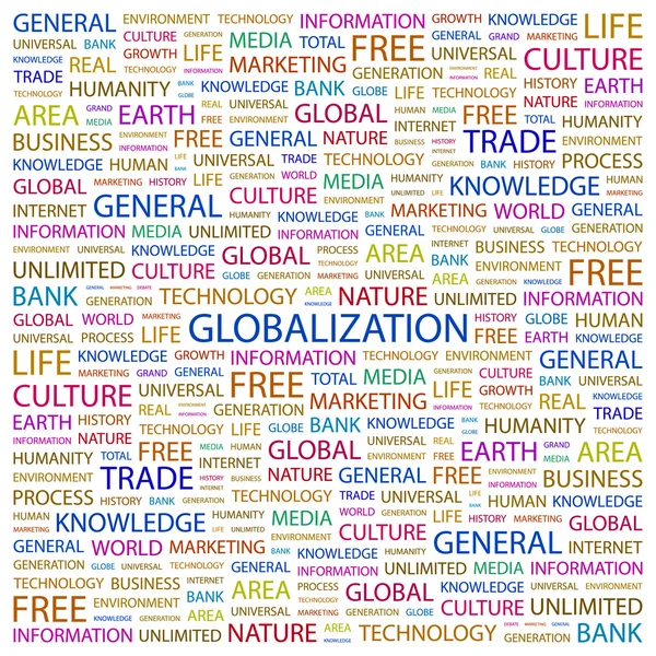 グローバル化。白い背景の上の単語のコラージュ — ストックベクタ