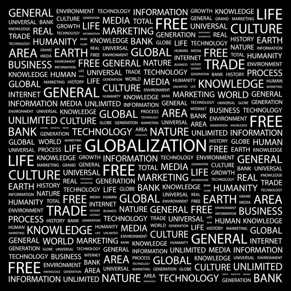全球化。黑色背景上的字拼贴画 — 图库矢量图片