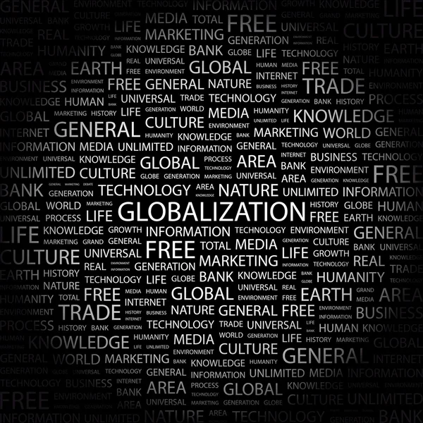 Globalisering. woord collage op zwarte achtergrond — Stockvector
