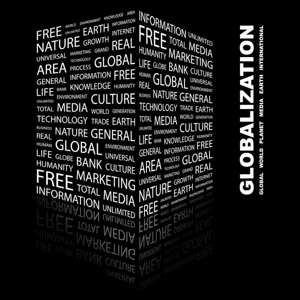 Globalisierung. Wortcollage auf schwarzem Hintergrund — Stockvektor