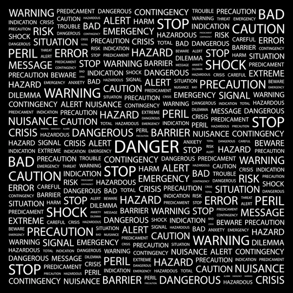 Gefahr. Wortcollage auf schwarzem Hintergrund — Stockvektor