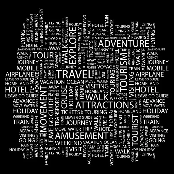 TRAVEL. Word collage on black background — Stock Vector