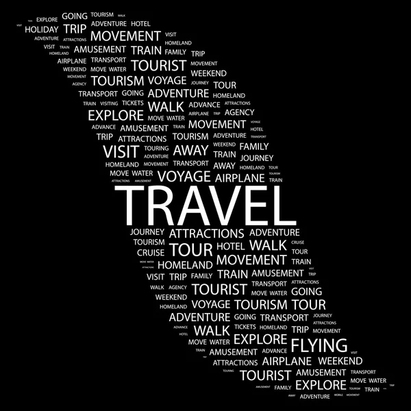 TRAVEL. Word collage on black background — Stock Vector