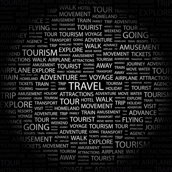 Reisen. Wortcollage auf schwarzem Hintergrund — Stockvektor