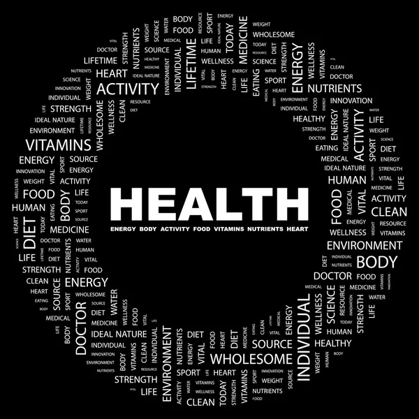 Hälsa. ordet collage på svart bakgrund — Stock vektor