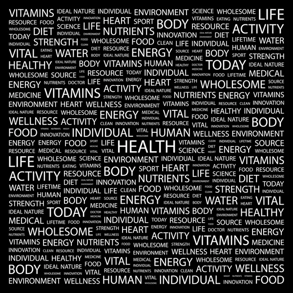 Gesundheit. Wortcollage auf schwarzem Hintergrund — Stockvektor