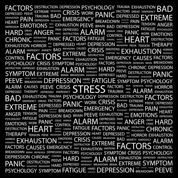 Estrés. collage palabra sobre fondo negro — Vector de stock